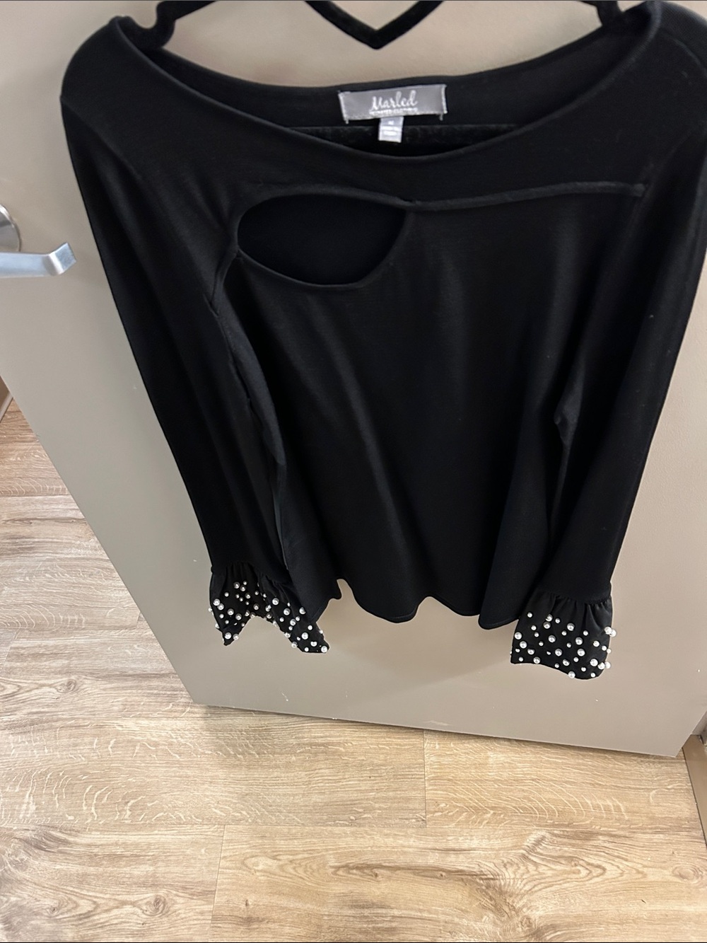 Marled Reunited Black Long-Sleeve Cutout Top with Pearl-Studded Cuffs